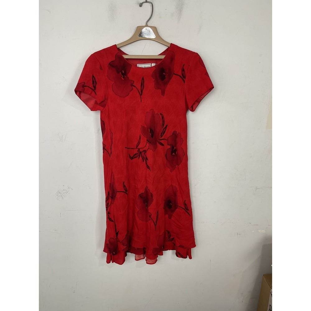 Karin Stevens Women's Red Floral Short Sleeve‎ Shift Dress Size 8 Ruffle Hem